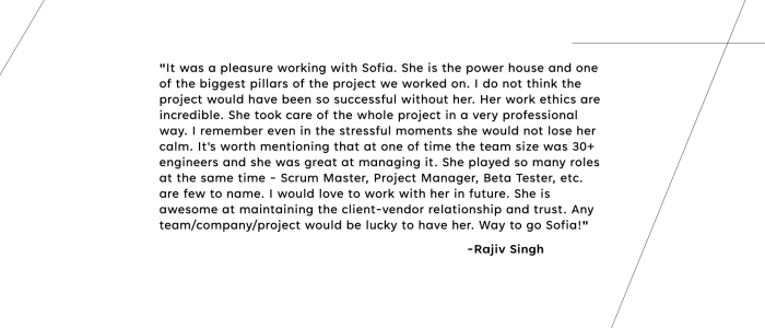 Sofia Zelenova testimonial from Rajiv Singh